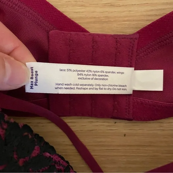 Cacique NWT Max Boost Plunge Lace Strappy Sexy Lace Bra Raspberry Black 44C - Picture 7 of 12